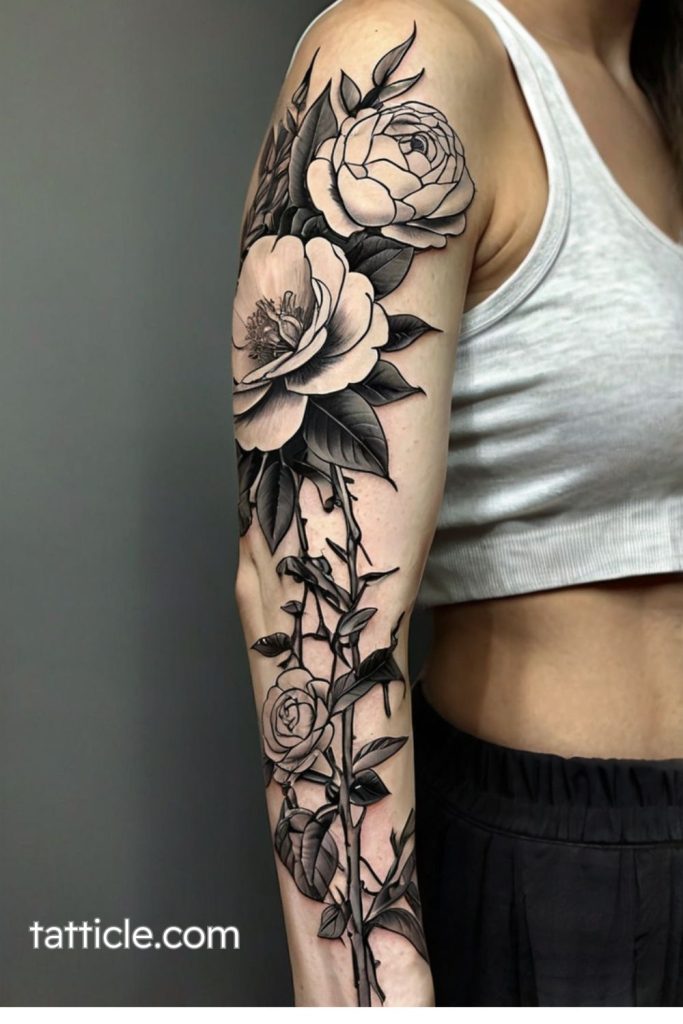 black and white camellia tattoo