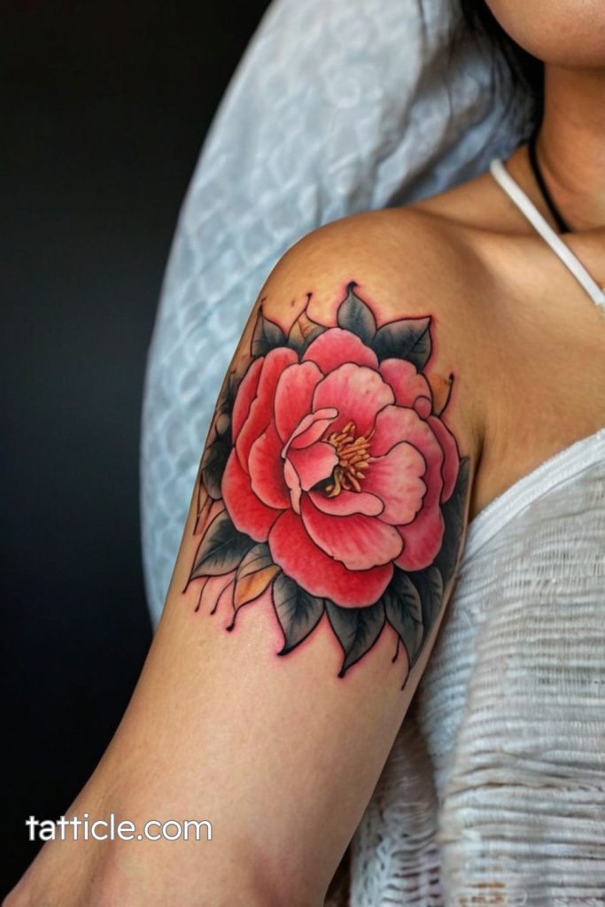 Colorful camellia tattoo on shoulder