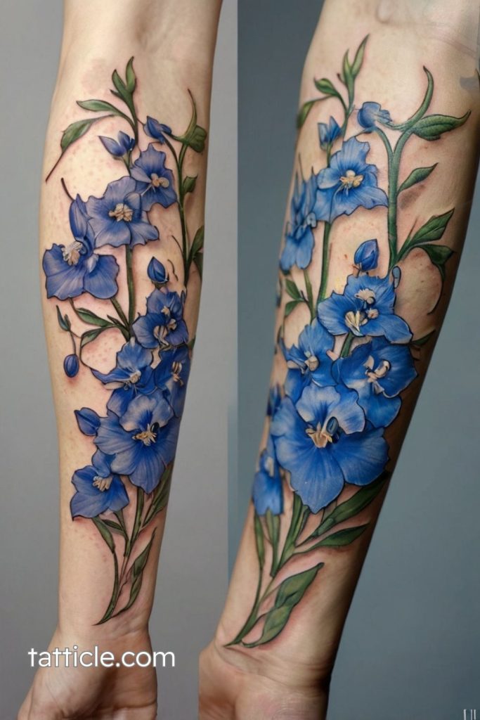 forearm delphinium tattoo