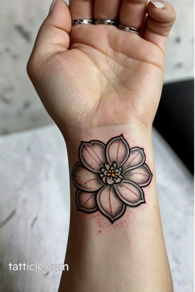 Minimalist camellia tattoo on wrist